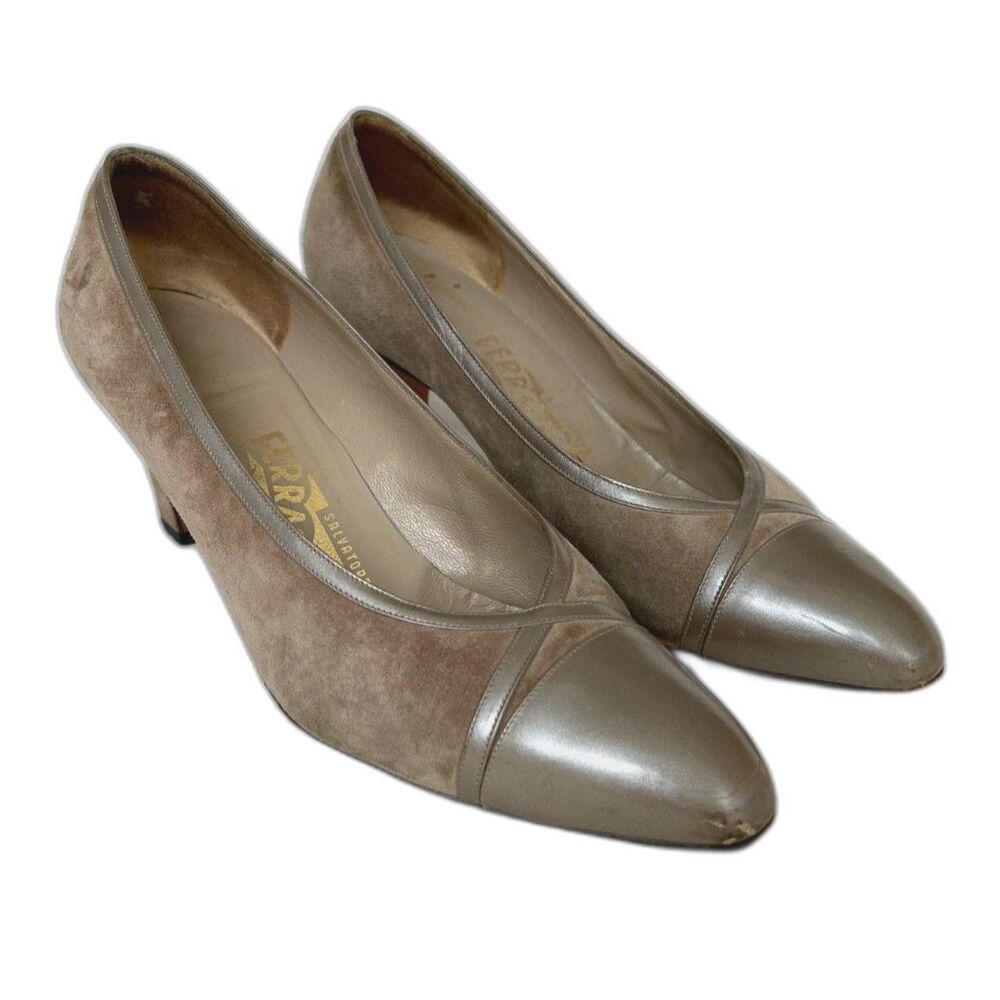 Vintage Salvatore Ferragamo Taupe Suede Leather Cap Toe Pumps